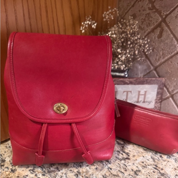 Coach Red 2pc Genuine Leather Backpack Purse Ltd. Edition & Cosmetic Pouch Set - Picture 12 of 17